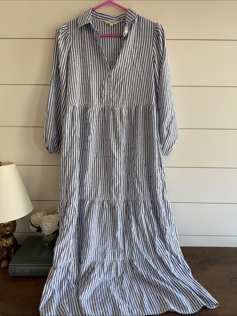 Max Studio Blue and White Striped Tiered Maxi Dress